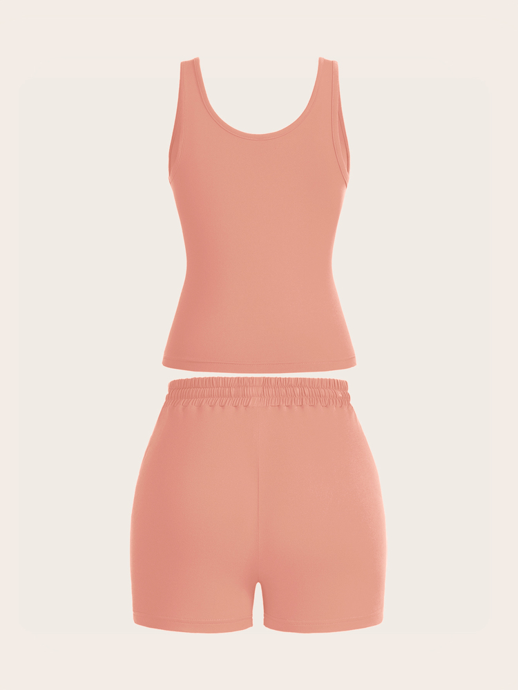 Slaydiva Women's Summer U-Neck Cropped Tank Top And Drawstring Pocket Shorts Set Outfits - Dusty Pink - View 2