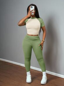 Slaydiva Green,Summer,Casual,Gym Women 2 Pieces Set,2025 New Ruched Color Blocking Western Style St. Patrick's Day Music Festival Birthday Party Student Wear - Green - View 4