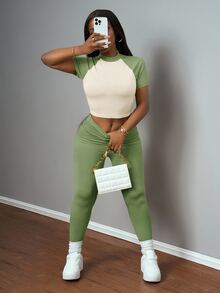 Slaydiva Green,Summer,Casual,Gym Women 2 Pieces Set,2025 New Ruched Color Blocking Western Style St. Patrick's Day Music Festival Birthday Party Student Wear - Green - View 5