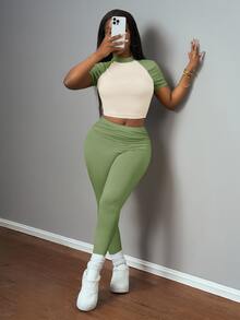 Slaydiva Green,Summer,Casual,Gym Women 2 Pieces Set,2025 New Ruched Color Blocking Western Style St. Patrick's Day Music Festival Birthday Party Student Wear - Green - View 6