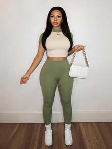Slaydiva Green,Summer,Casual,Gym Women 2 Pieces Set,2025 New Ruched Color Blocking Western Style St. Patrick's Day Music Festival Birthday Party Student Wear - Green - View 2