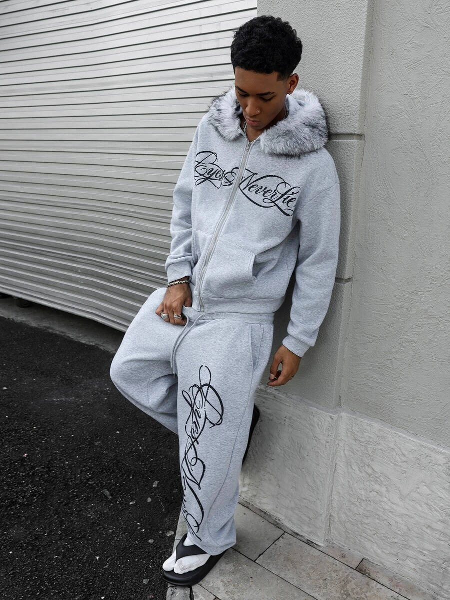 Major Grit Men's Letter Print Zip-Up Hoodie And Double Waist Drawstring Long Pants Set - Grey - View 1