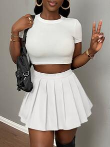 Slaydiva Sexy Mini Pleated Solid Color Skirt For Club, School - White - View 4