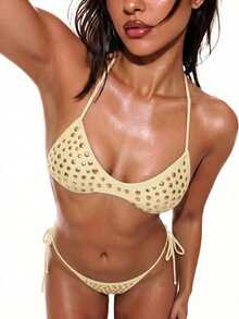 Oceva Women's Beaded Halter Tie Bikini Top For Beach Vacation - Pearl White - View 4