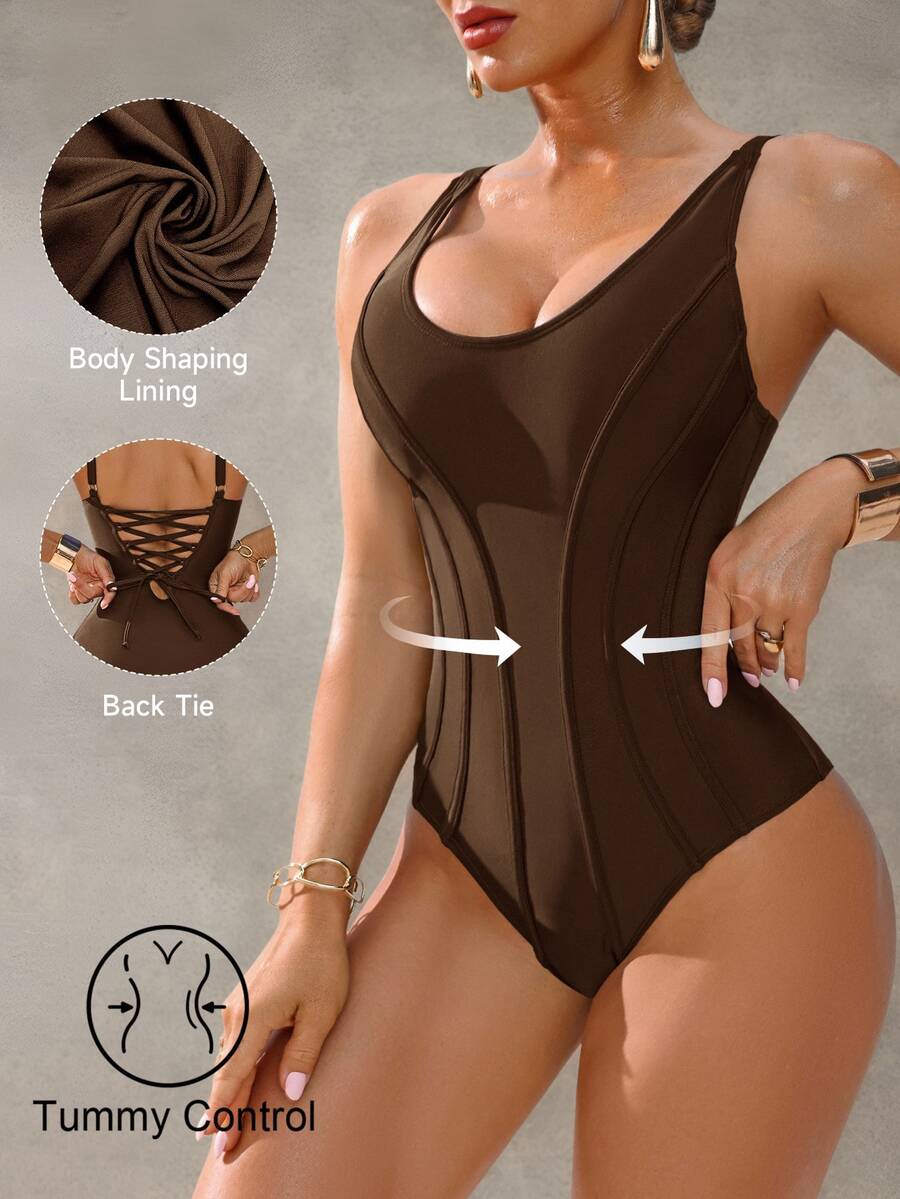 Shapewave 1 件女式收腹聚拢连体泳衣,海军蓝,优雅休闲,适合春季、夏季、度假、海滩、派对、音乐节 - 棕色 - 查看 1