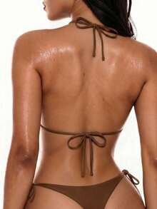 Oceva Women's Summer Beach Party Rivet Design Halter Bikini Top Chocolate Brown Sexy - Coffee Brown - View 2