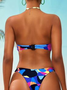 SHEIN Swim 女款夏季海灘幾何印花抹胸性感比基尼泳衣套裝 - 彩色 - 查看 2