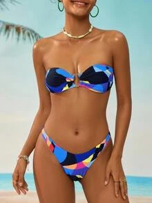 SHEIN Swim 女款夏季海灘幾何印花抹胸性感比基尼泳衣套裝 - 彩色 - 查看 3