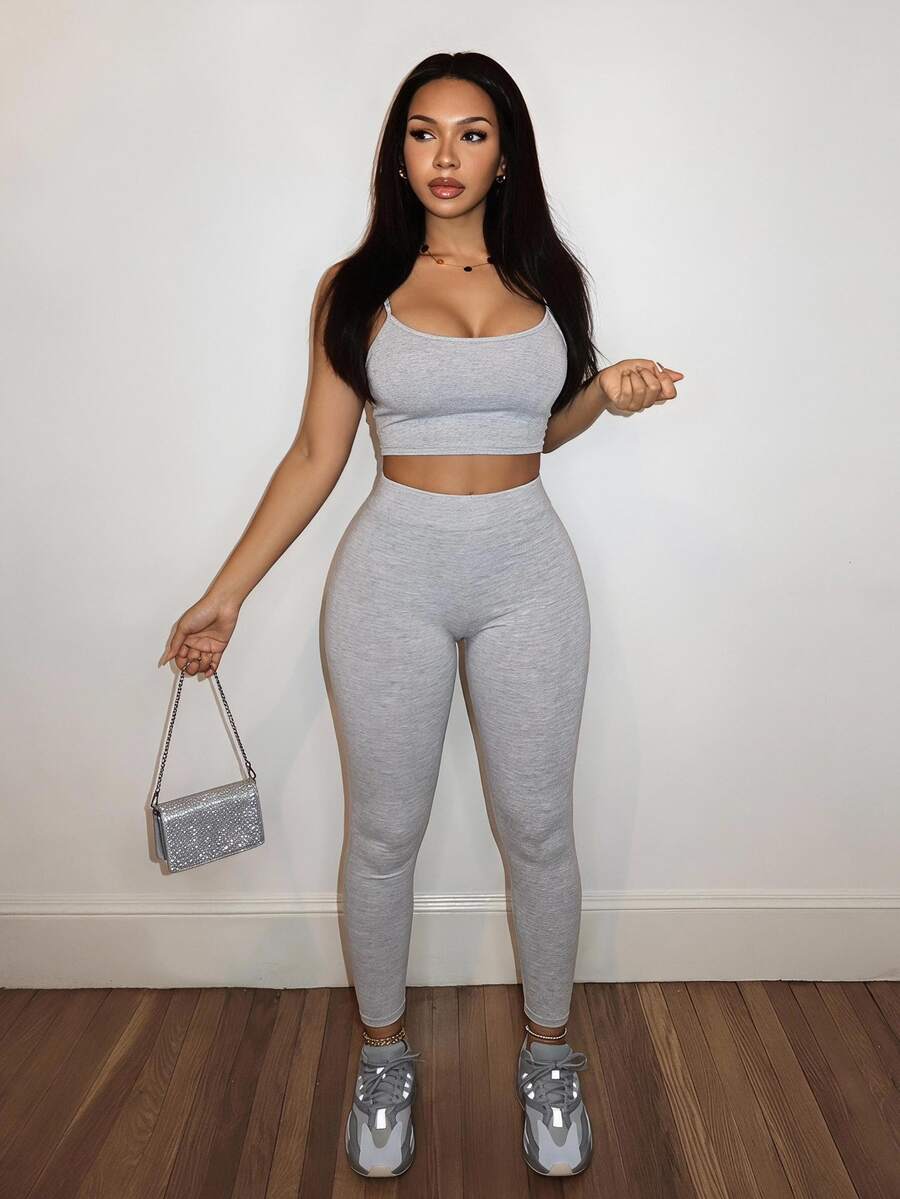 Slaydiva Women's Casual Basic Tight-Fitting Strap Vest And Pants Two-Piece Set, Suitable For Summer