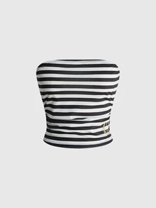 ROMWE Grunge Punk Y2K Millennium Sexy Striped Preppy Style Tube Top & Mini Skirt 2 Pieces Set - Black and White - View 4