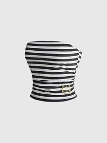 ROMWE Grunge Punk Y2K Millennium Sexy Striped Preppy Style Tube Top & Mini Skirt 2 Pieces Set - Black and White - View 5