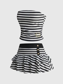 ROMWE Grunge Punk Y2K Millennium Sexy Striped Preppy Style Tube Top & Mini Skirt 2 Pieces Set - Black and White - View 8