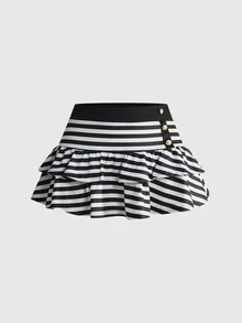 ROMWE Grunge Punk Y2K Millennium Sexy Striped Preppy Style Tube Top & Mini Skirt 2 Pieces Set - Black and White - View 6