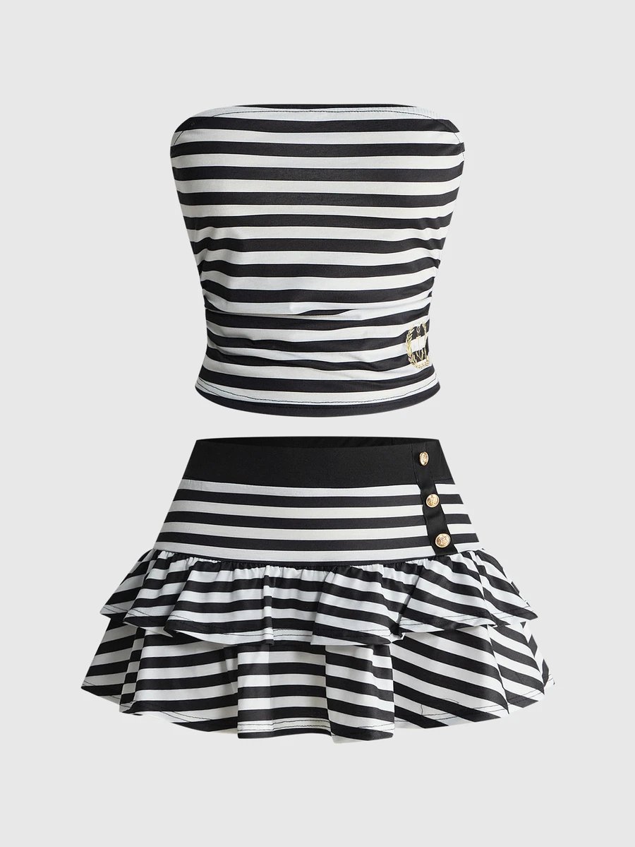 ROMWE Grunge Punk Y2K Millennium Sexy Striped Preppy Style Tube Top & Mini Skirt 2 Pieces Set - Black and White - View 1