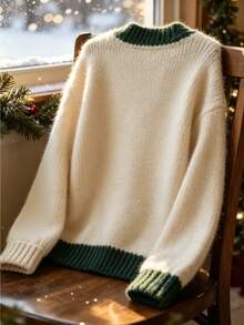SHEIN Franclia Vintage Cream White Green Trim Cable Knit Cardigan, Heavy Embroidery Holly Berry Loose Fit Autumn/Winter Coat - Apricot - View 2