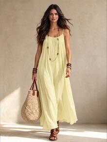 OPHERINE Plus Size Women Solid Color Tie-Up Loose Casual Cami Dress, Suitable For Holiday - Yellow - View 5