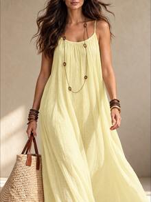 OPHERINE Plus Size Women Solid Color Tie-Up Loose Casual Cami Dress, Suitable For Holiday - Yellow - View 2