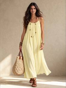 OPHERINE Plus Size Women Solid Color Tie-Up Loose Casual Cami Dress, Suitable For Holiday - Yellow - View 4