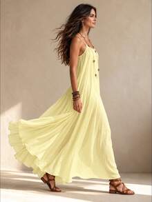 OPHERINE Plus Size Women Solid Color Tie-Up Loose Casual Cami Dress, Suitable For Holiday - Yellow - View 3