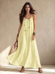 OPHERINE Plus Size Women Solid Color Tie-Up Loose Casual Cami Dress, Suitable For Holiday - Yellow - View 1