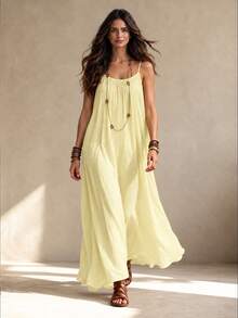 OPHERINE Plus Size Women Solid Color Tie-Up Loose Casual Cami Dress, Suitable For Holiday - Yellow - View 6