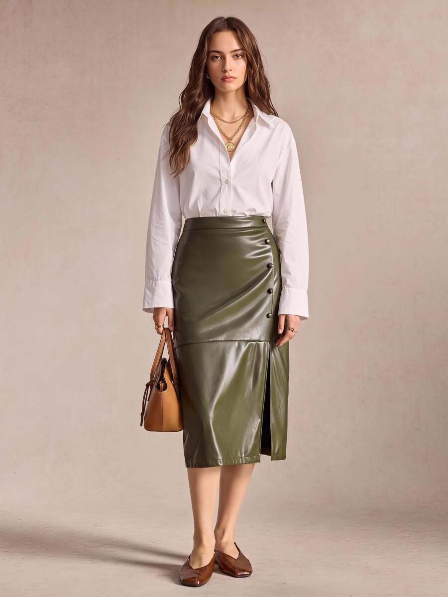 BizChic Women's Green Ruched Waist Side Slit Mushroom Button Casual Versatile Daily Wear Skirt, Business Formal Vacation Style Commute Date Office Slimming Elegant Sexy Minimalist French Vintage Romantic For Autumn Halloween Back To School Party Birthday Wedding Guest Church Special Occasions - Green - View 1
