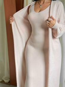 GalTyme Plus Size Casual Solid Color Cardigan Knit Dress, Autumn/Winter - Apricot - View 5
