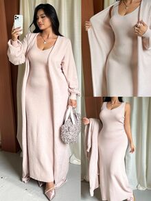 GalTyme Plus Size Casual Solid Color Cardigan Knit Dress, Autumn/Winter - Apricot - View 1