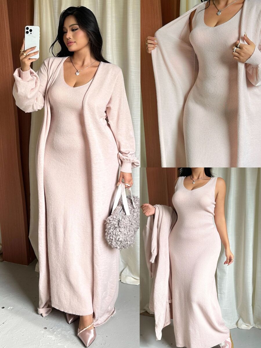 GalTyme Plus Size Casual Solid Color Cardigan Knit Dress, Autumn/Winter - Apricot - View 1