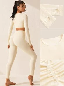 SHEIN Sovereign Charm 无缝高弹力女士运动套装健身女士套装女士紧身裤套装 - 米色 - 查看 3