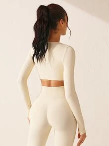 SHEIN Sovereign Charm 无缝高弹力女士运动套装健身女士套装女士紧身裤套装 - 米色 - 查看 9