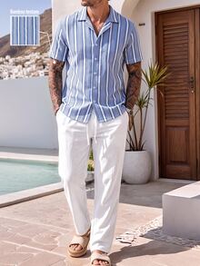 Core Aspect EN:Men Camp Collar Linen Look 2 Pieces Set 2026 Spring Summer Blue White Striped Shirt Drawstring Off - Multicolor - View 4