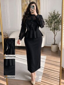 Cirelune Women's Ruffle Waist Top And Bodycon Skirt 2 Pieces Set, Elegant Commuter Design, Plus Size - Black - View 2
