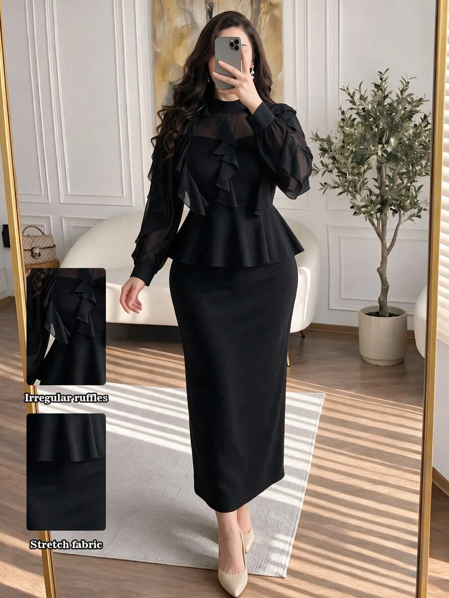 Cirelune Women's Ruffle Waist Top And Bodycon Skirt 2 Pieces Set, Elegant Commuter Design, Plus Size
