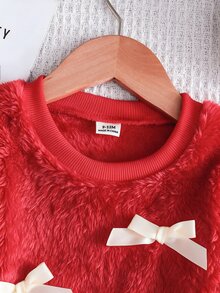 Souflis Souflis 1件幼童女嬰格紋拼接洋裝，甜美紅白色蝴蝶結，毛茸茸長袖圓領加厚 A 字裙，適合冬季秋季派對與節日 - 紅色 - 查看 7