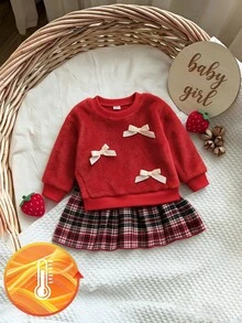 Souflis Souflis 1件幼童女嬰格紋拼接洋裝，甜美紅白色蝴蝶結，毛茸茸長袖圓領加厚 A 字裙，適合冬季秋季派對與節日 - 紅色 - 查看 4