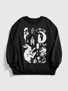 ROMWE Goth Plus Size Women Rabbit Pattern Casual Everyday Long Sleeve Sweater - Black - View 1