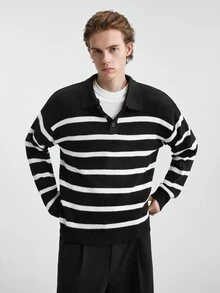 Claim Dot Autumn/Winter New Style Lapel Half-Button Pullover Long Sleeve Striped Versatile Sweater Comfortable For Daily Outings And Activities - Black - View 5