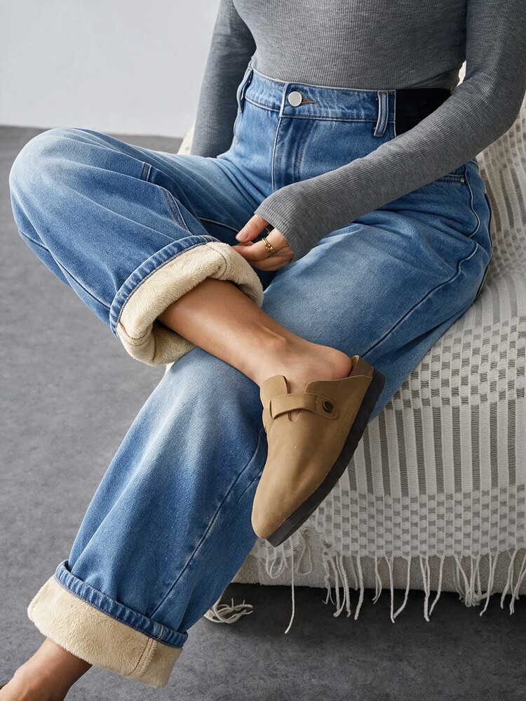 SHEIN Maternity Casual Washed Thermal Lined Straight Leg Jeans Cowgirl Clothing For Women Winter Outfit For Women - Blue - View 4