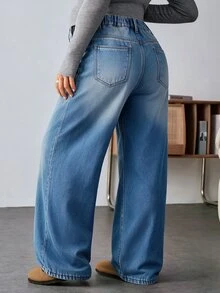 SHEIN 孕婦休閒水洗保暖內裡直筒牛仔褲 女款牛仔風冬季穿搭 - 藍色 - 查看 3