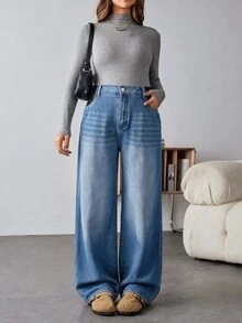 SHEIN 孕婦休閒水洗保暖內裡直筒牛仔褲 女款牛仔風冬季穿搭 - 藍色 - 查看 6