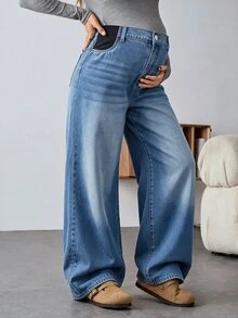 SHEIN 孕婦休閒水洗保暖內裡直筒牛仔褲 女款牛仔風冬季穿搭 - 藍色 - 查看 8
