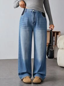 SHEIN 孕婦休閒水洗保暖內裡直筒牛仔褲 女款牛仔風冬季穿搭 - 藍色 - 查看 7