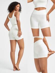 GLOWMODE 4.3" FeatherFit™ Crossover Anti-Slip Biker Shorts With Built-In Seamless Shorts Low Impact Yoga Pilates Daily Gym - White - View 8