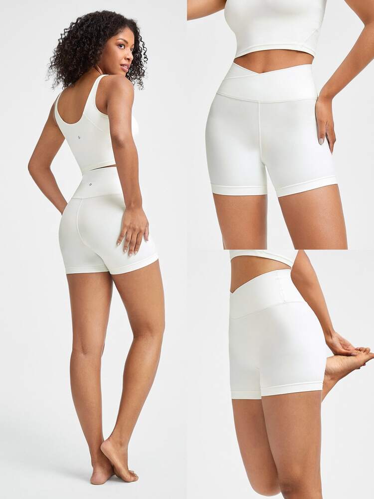 GLOWMODE 4.3" FeatherFit™ Crossover Anti-Slip Biker Shorts With Built-In Seamless Shorts Low Impact Yoga Pilates Daily Gym - White - View 8