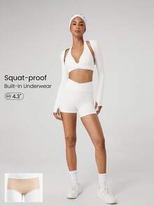 GLOWMODE 4.3" FeatherFit™ Crossover Anti-Slip Biker Shorts With Built-In Seamless Shorts Low Impact Yoga Pilates Daily Gym - White - View 1