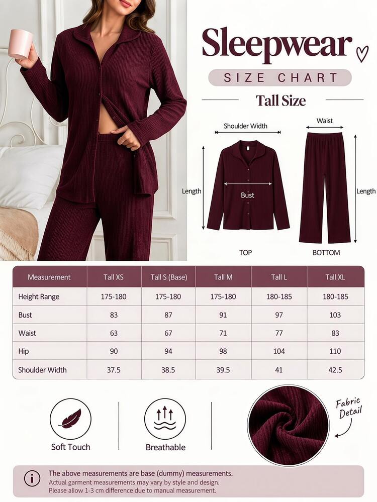 Wovencharm Wovencharm TALL SIZE Women 100Cotton Rib-Knit Shirt Style Buttoned Long Sleeved Lon Gpants Casual Cute 2 Pieces Pajama Set Lounge Sleep Autumn - Burgundy - View 3