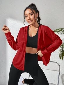Eassivo Eassivo 女士纯色抽绳连帽拉链口袋休闲百搭日常长袖运动夹克 - 酒紅色 - 查看 9