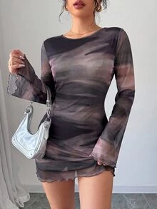 Firerie Plus Size Women's Ombre Gradient Backless Flare Sleeve Mesh Sheer Mini Dress,Chocolate Brown,Autumn,Classy Sexy,Wedding Guest Party Cocktail Club Fall - Dusty Purple - View 8