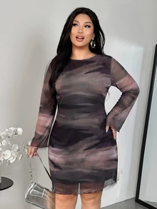 Firerie Plus Size Women's Ombre Gradient Backless Flare Sleeve Mesh Sheer Mini Dress,Chocolate Brown,Autumn,Classy Sexy,Wedding Guest Party Cocktail Club Fall - Dusty Purple - View 4